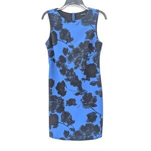 Wells Grace Blue Black Floral Rose Knee Length Sleeveless Sheath Dress Size XS